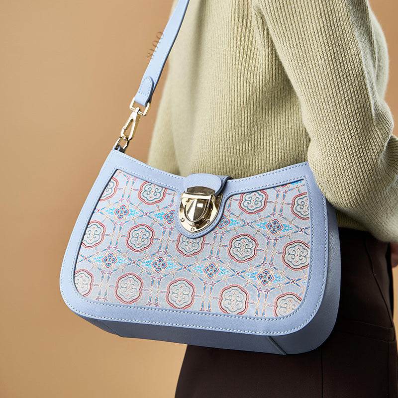 Song Brocade Leather Blue Shoulder Bag Ruyi Pattern - SinoCultural -- FJ270038-1 - 