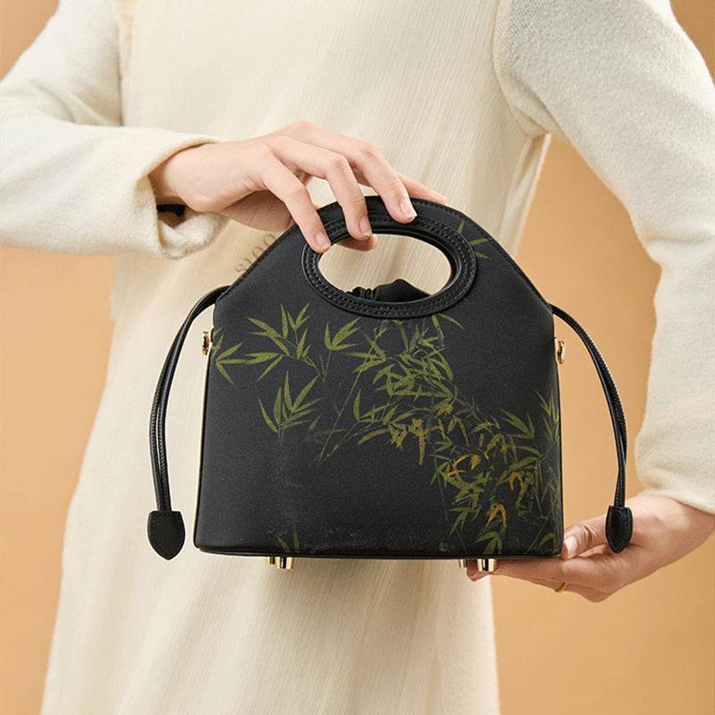 Xiangyunsha Silk Bamboo Black Drawstring Bucket Bag - SinoCultural -- YS120670-1 - 