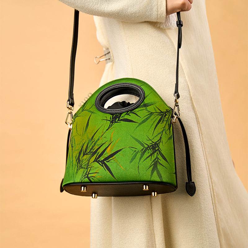Xiangyunsha Silk Bamboo Green Drawstring Bucket Bag - SinoCultural -- YS120670-2 - 