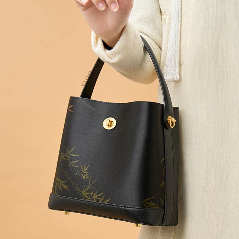 Xiangyunsha Silk Bamboo Print Crossbody Bucket Bag - SinoCultural -- YS120757 - 