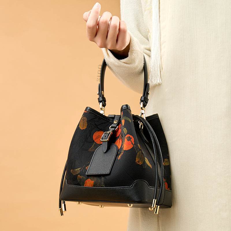 Xiangyunsha Silk Leather Printed Persimmon Bucket Bag - SinoCultural -- YS220680 - 