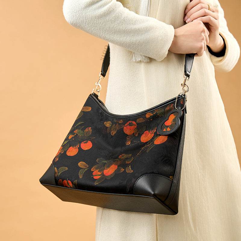Xiangyunsha Silk Leather Printed Persimmon Shoulder Bag - SinoCultural -- YS220679 - 