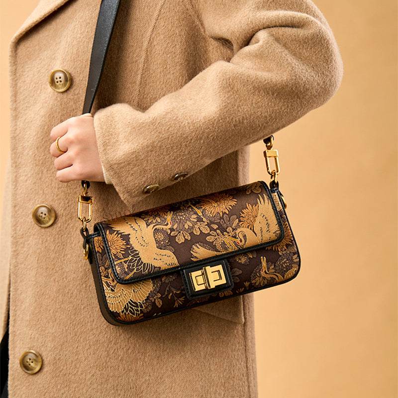 Xiangyunsha Silk Vintage Crane Print Shoulder Bag - SinoCultural -- YS120648 - 