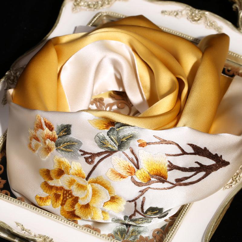 Su Embroidery Mulberry Silk Flora Scarves 170*52-Scarf-SinoCultural-Gold-HYFSJ006-4-SinoCultural