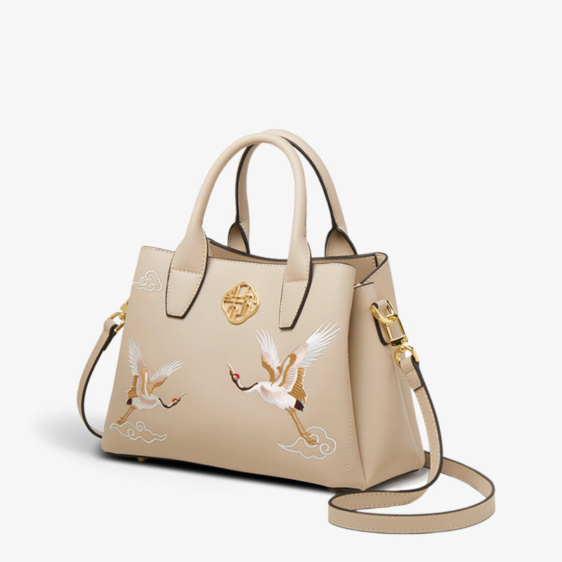 Embroidery Leather Tote Bag Traditional Crane-Tote Bag-SinoCultural-Apricot-Single Bag-DY001-A1-SinoCultural