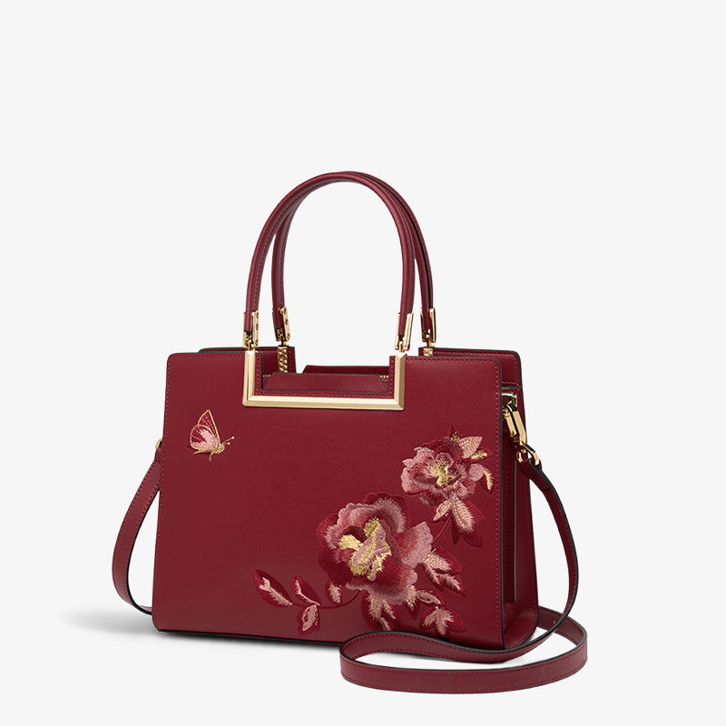 Embroidery Leather Peony Tote Handbag-Tote Bag-SinoCultural-Red-Single Bag-SC1603-2-SinoCultural