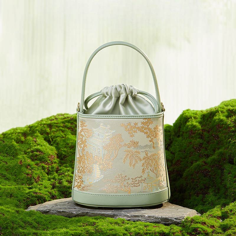 Song Brocade Leather Silk Bucket Bag-Bucket Bag-SinoCultural-Green-Single Bag-P17061604GN-2-SinoCultural