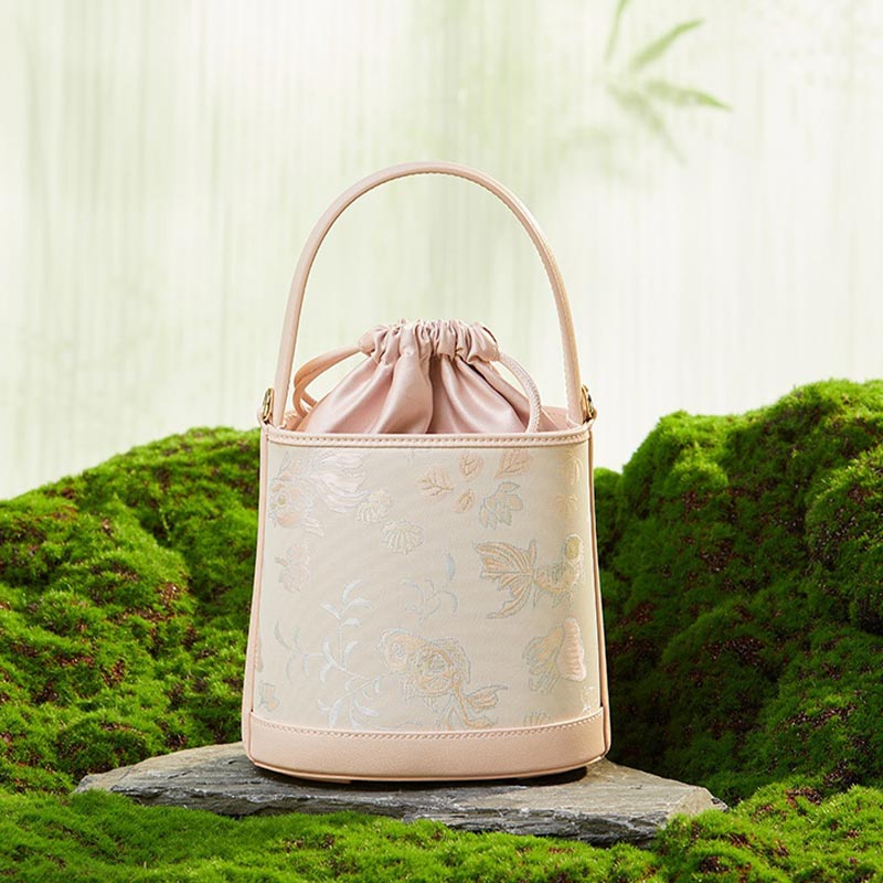 Song Brocade Leather Silk Bucket Bag-Bucket Bag-SinoCultural-Pink-Single Bag-P17061604PK-2-SinoCultural