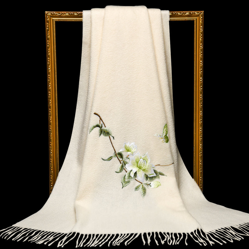 Su Embroidery Flower Winter Cashmere Scarf 200*60-Scarf-SinoCultural-White-HYFSJ020-SinoCultural