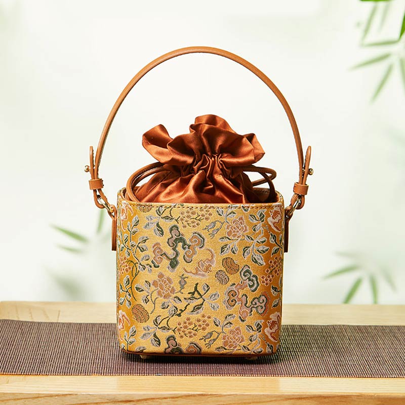 Brocade Jacquard New Chinese Style Cube Bucket Bag-Bucket Bag-SinoCultural-Brown-Single Bag-P17061304-4-SinoCultural