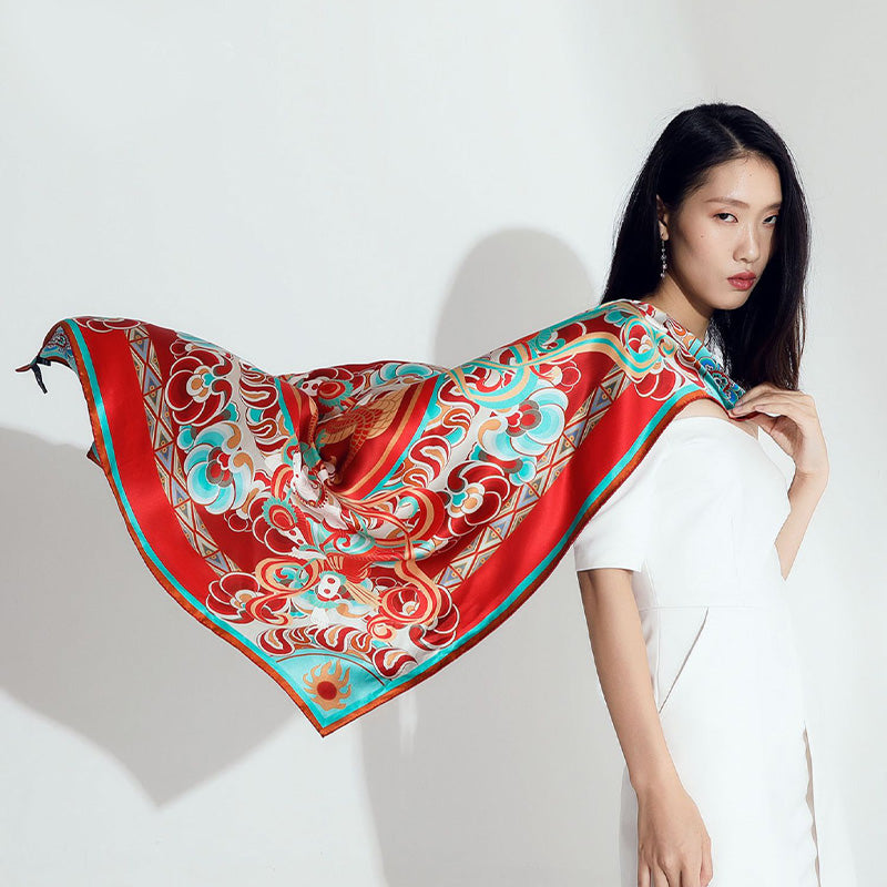 Dunhuang Museum Mulberry Silk Square Scarf 90-Scarf-SinoCultural-Red-SS016-SinoCultural