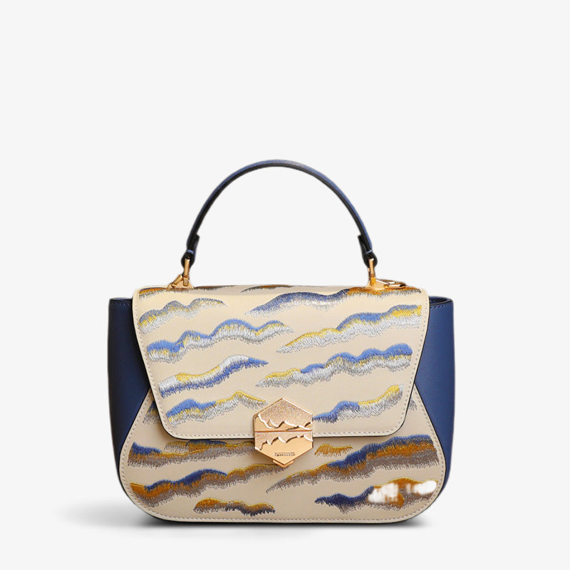 Embroidered Leather Flap Handbag Mountain Range-Crossbody Bag-SinoCultural-Blue-Single Bag-CXXB004B-SinoCultural