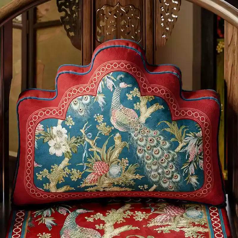 Chinoiserie Festive Red Peacock Luxe Lumbar Pillow - SinoCultural