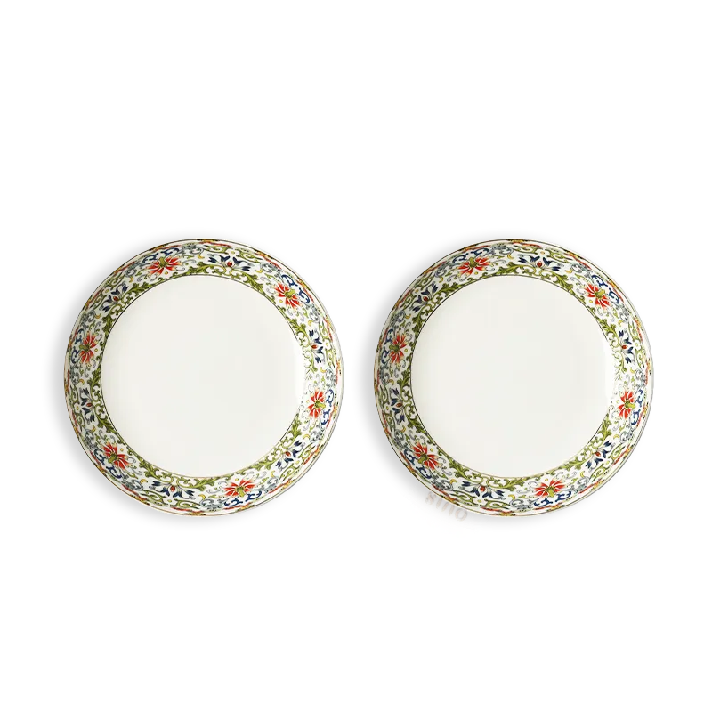 Pair of 8" bone china meal plates on white background.