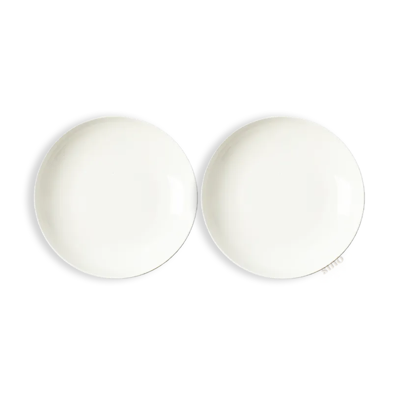 Pair of 8" bone china soup plates aligned on white.