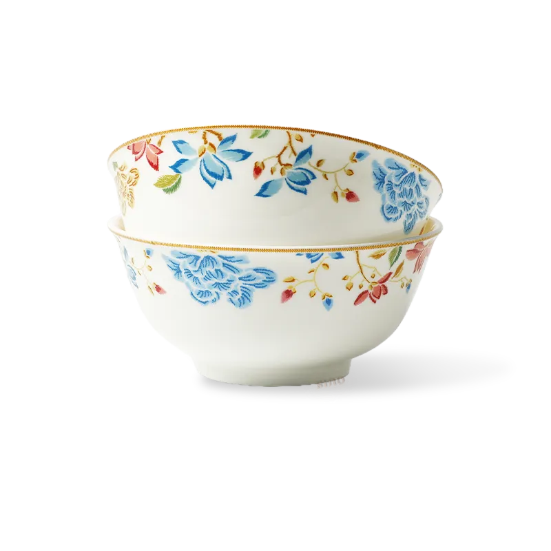 Stacked 2-piece Chinoiserie bone china round bowls front view with floral design.