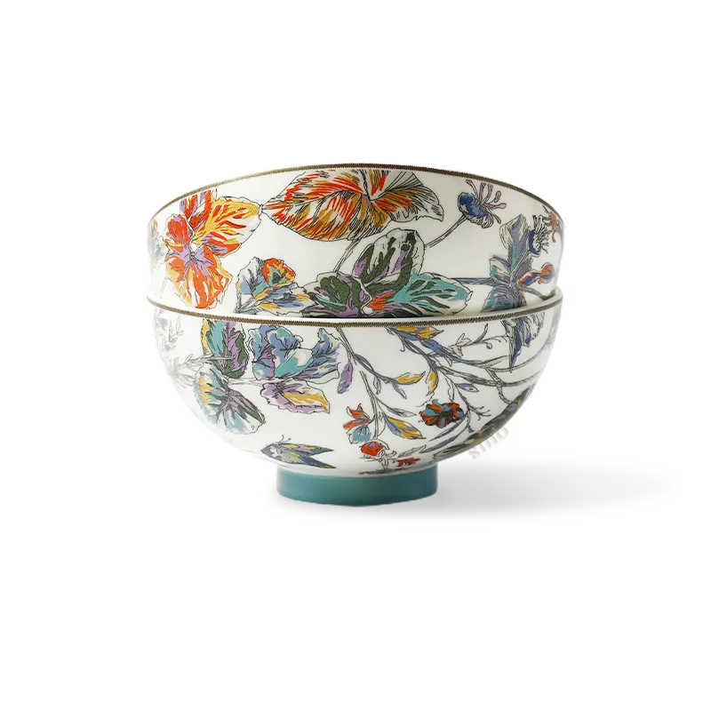 2-piece 4.5" Chinoiserie luxury bone china footed bowls - stacked view.