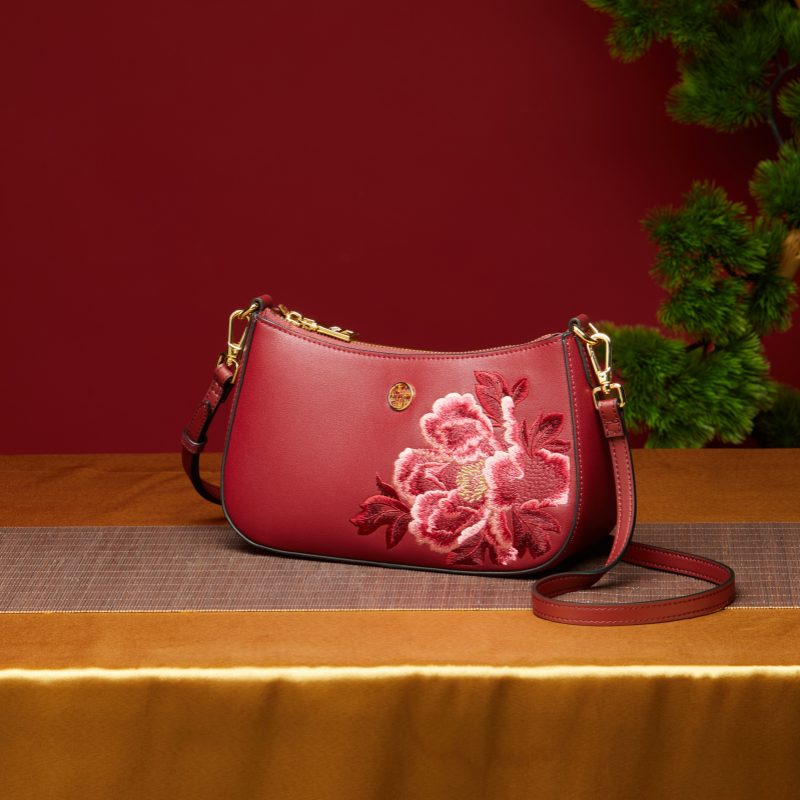 Embroidery Leather Peony Women's Shoulder Handbag-Shoulder Bag-SinoCultural-SinoCultural