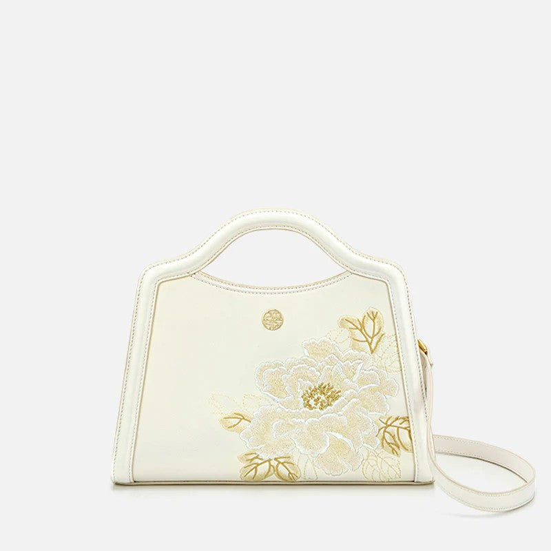 Embroidery Peony White Leather Tote Bag-P120432-SinoCultural