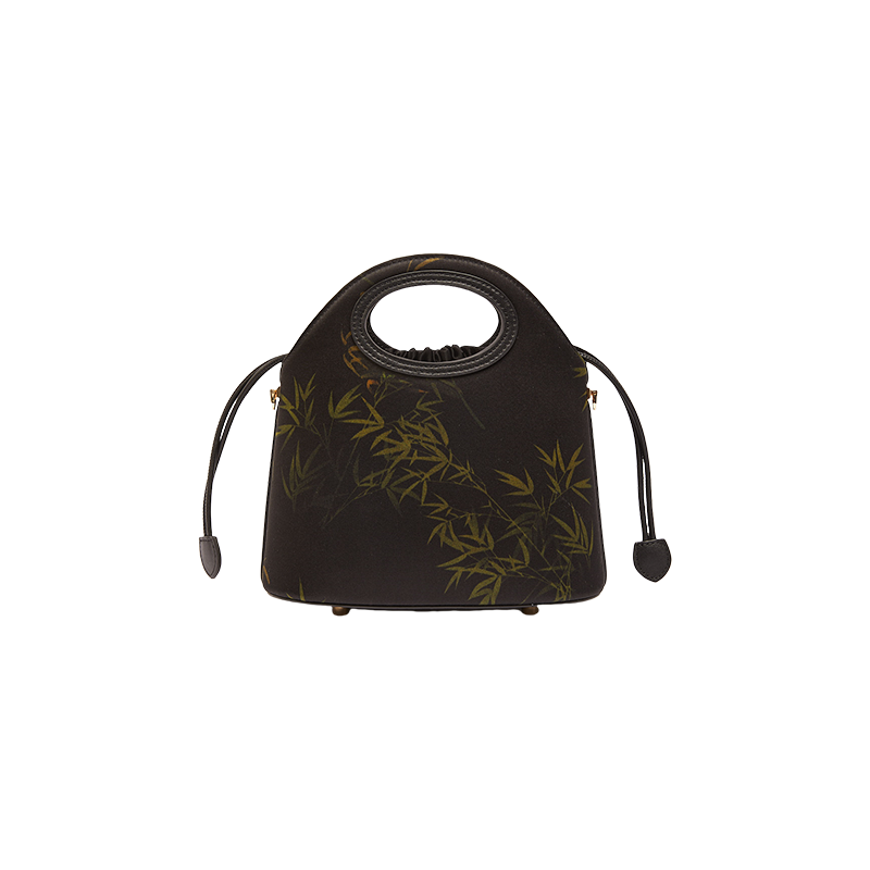 Xiangyunsha Silk Bamboo Black Drawstring Bucket Bag