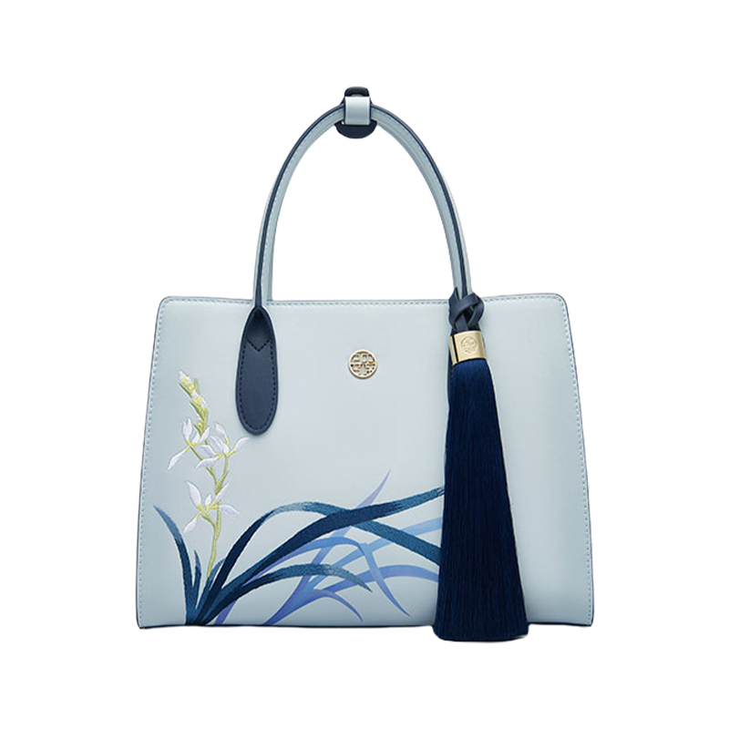 Embroidery Leather Tote Bag Blue Orchid with Pendant