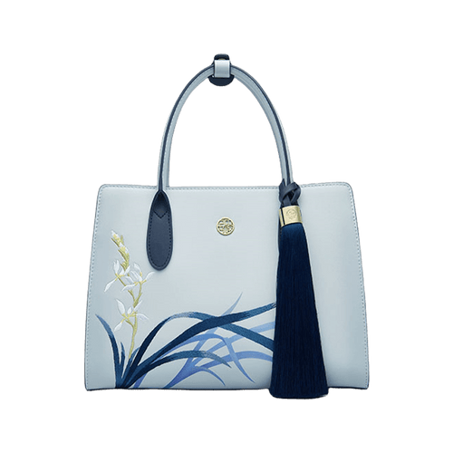 Royal Blue Leather Tote Bag - Exquisite Orchid Embroidery & Art Design - SinoCultural -- P120452