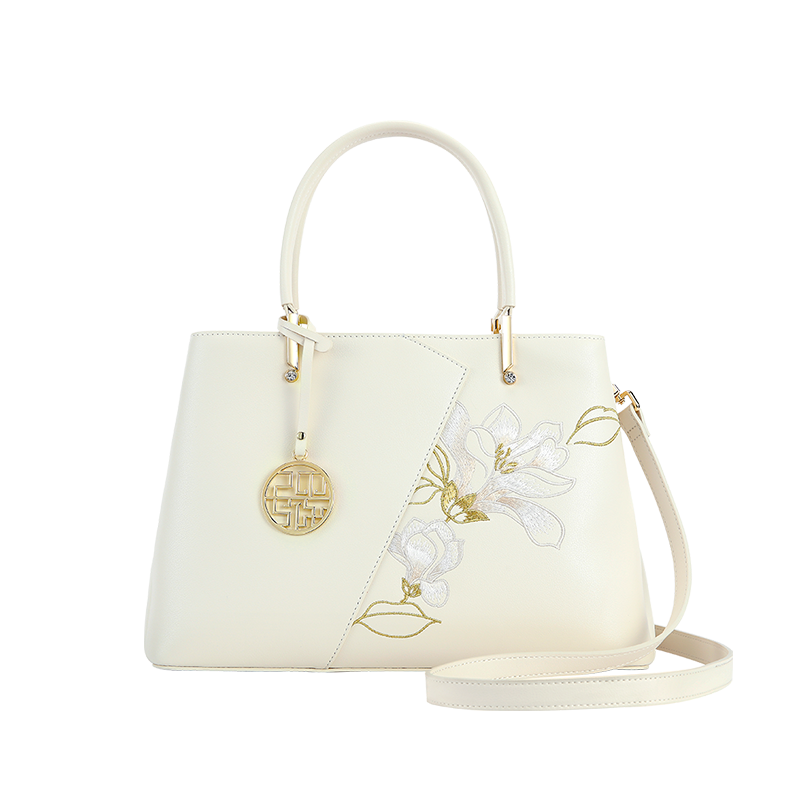 Embroidery Leather Magnolia Tote Bag Elegant Women Handbag with Scarf - SinoCultural