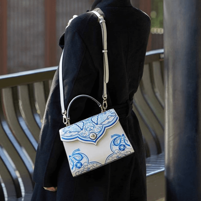 Embroidery Leather Blue Tote Bag Fortune Koi Fish Handbag - SinoCultural