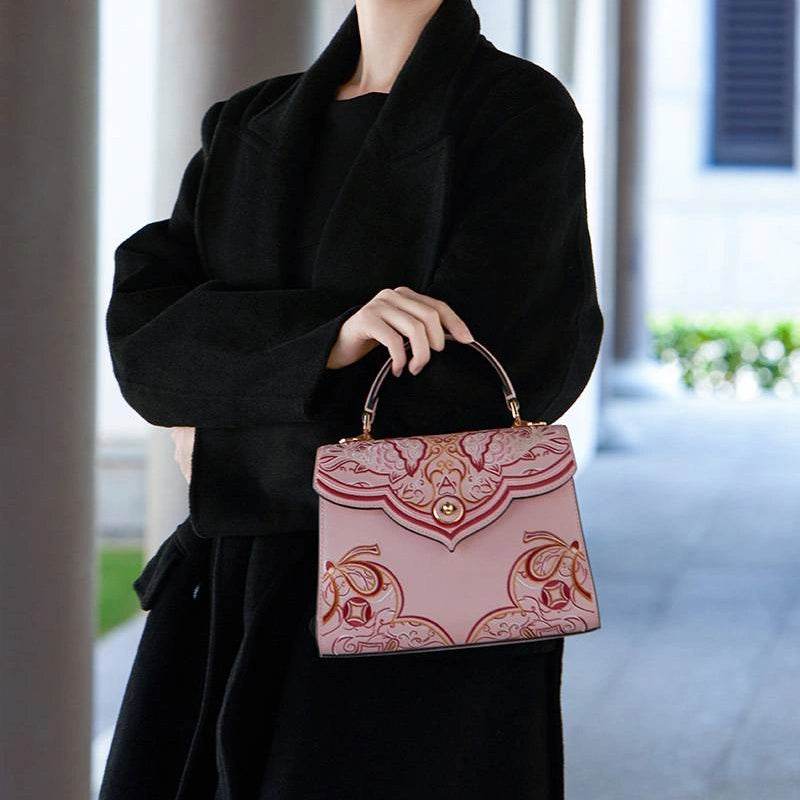 Embroidery Leather Blue Tote Bag Fortune Koi Fish Handbag - SinoCultural