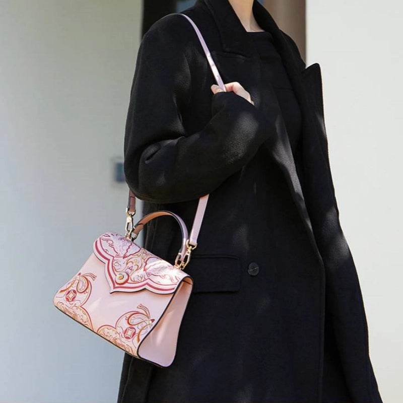 Embroidery Leather Blue Tote Bag Fortune Koi Fish Handbag - SinoCultural