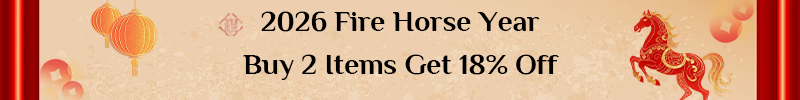 2026 Fire Horse Year New Year sale poster with "Buy 2 Items Get 18% Off" and red lantern/fire horse decorations.