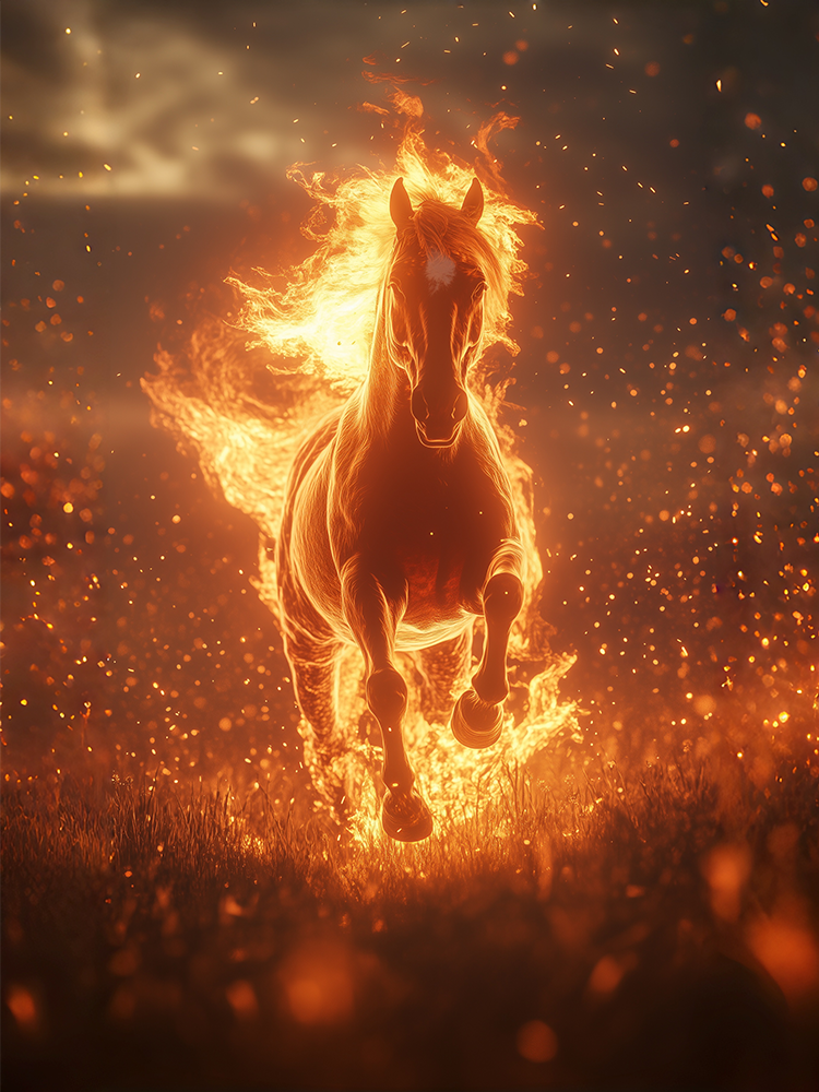 Dynamic flaming fire horse with sparks, symbolizing 2026 Chinese New Year celebrations.