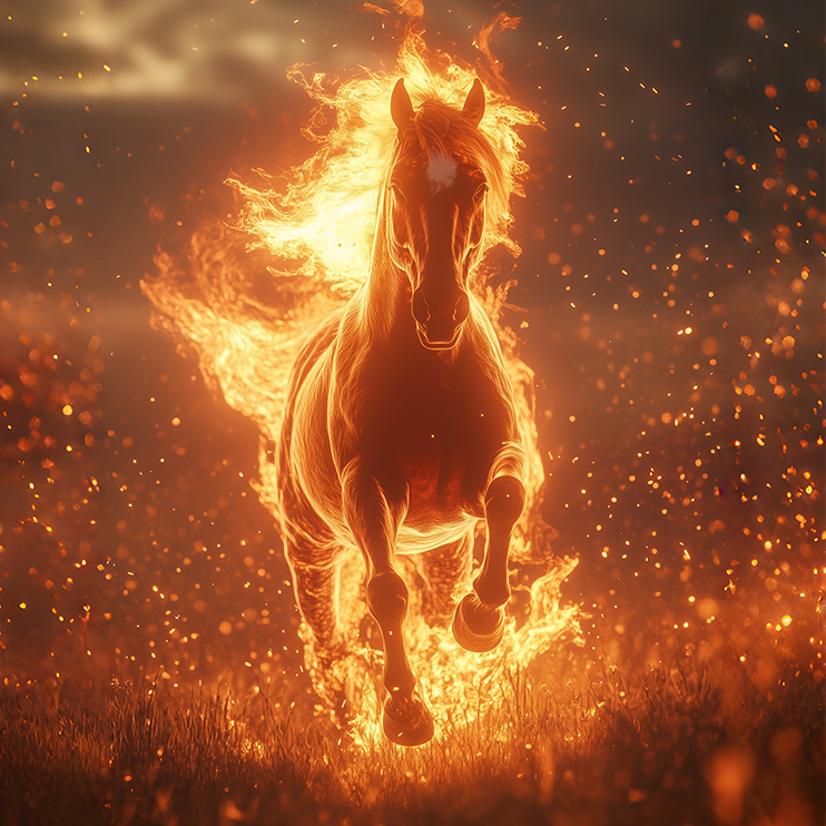 Dynamic flaming fire horse with sparks, symbolizing 2026 Chinese New Year celebrations.