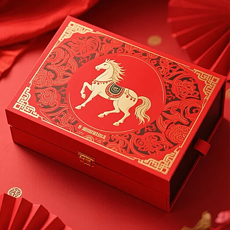 Red gift box with white horse design and auspicious patterns for 2026 Year of the Fire Horse Gift Guide.