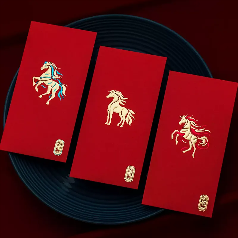 Floating gold-embossed fire horse pattern on red envelope.