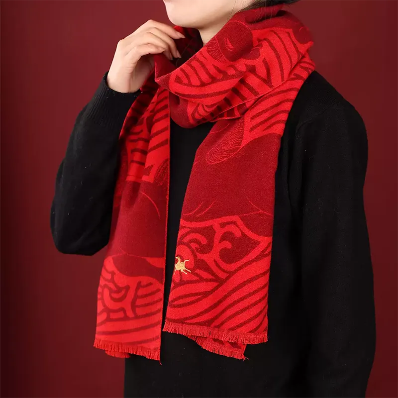 2026 Year of the Horse "Cashmere-Touch" Silk Scarf – Model gently holding the scarf around the neck.
