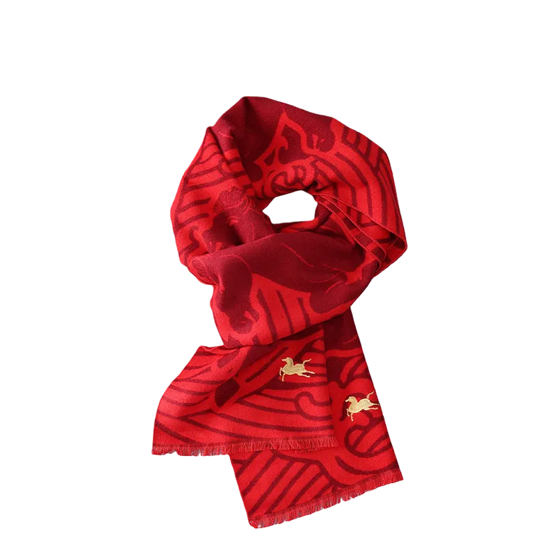 2026 Year of the Horse "Cashmere-Touch" Silk Scarf – Draped style on white background.