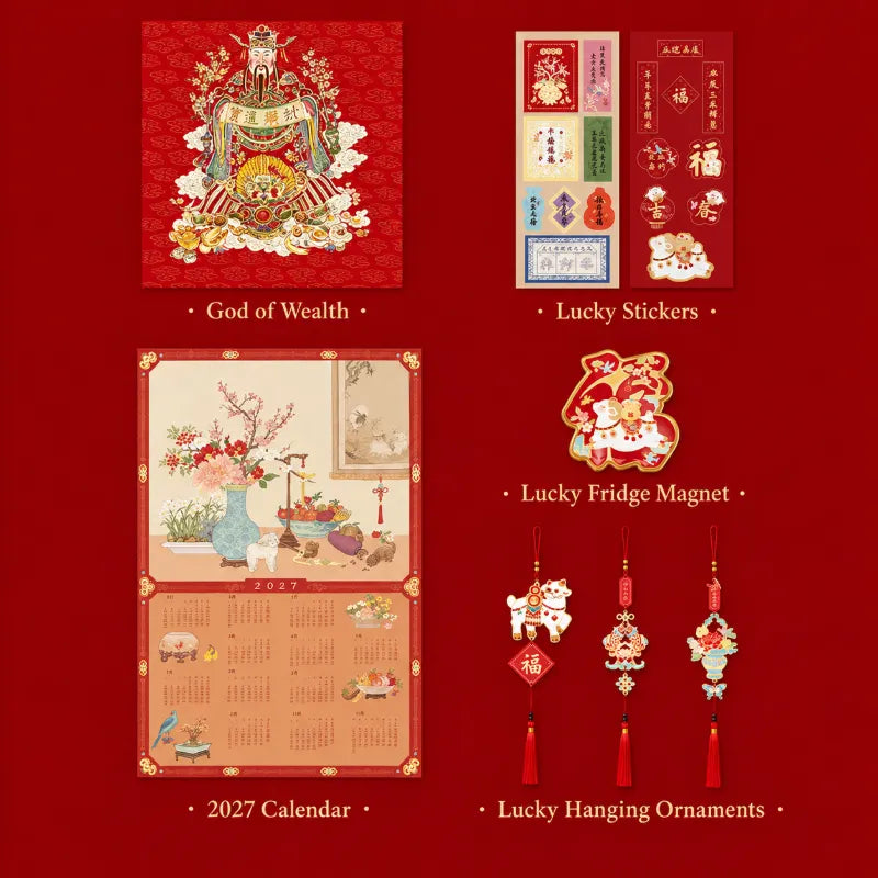 2027 Chinese New Year decorations including a traditional calendar, God of Wealth print, lucky stickers, fridge magnet and hanging ornaments.