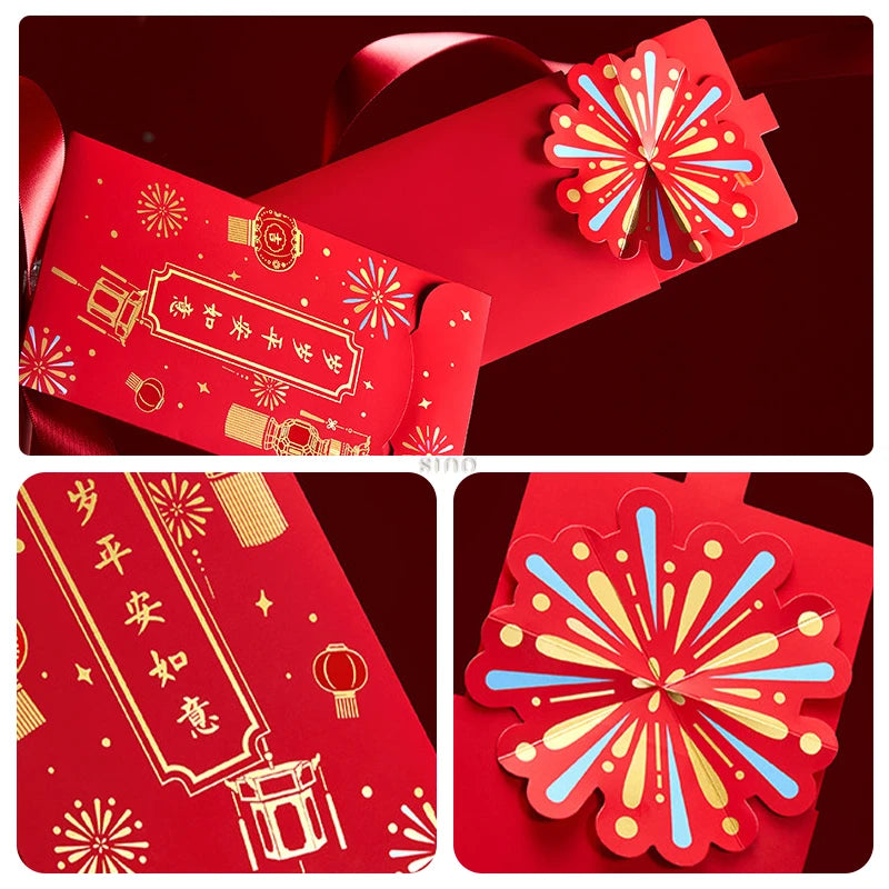 Red Chinese New Year red envelope with gold lantern and firework motifs, paired with a colorful pop-up firework decoration for festive gifting.