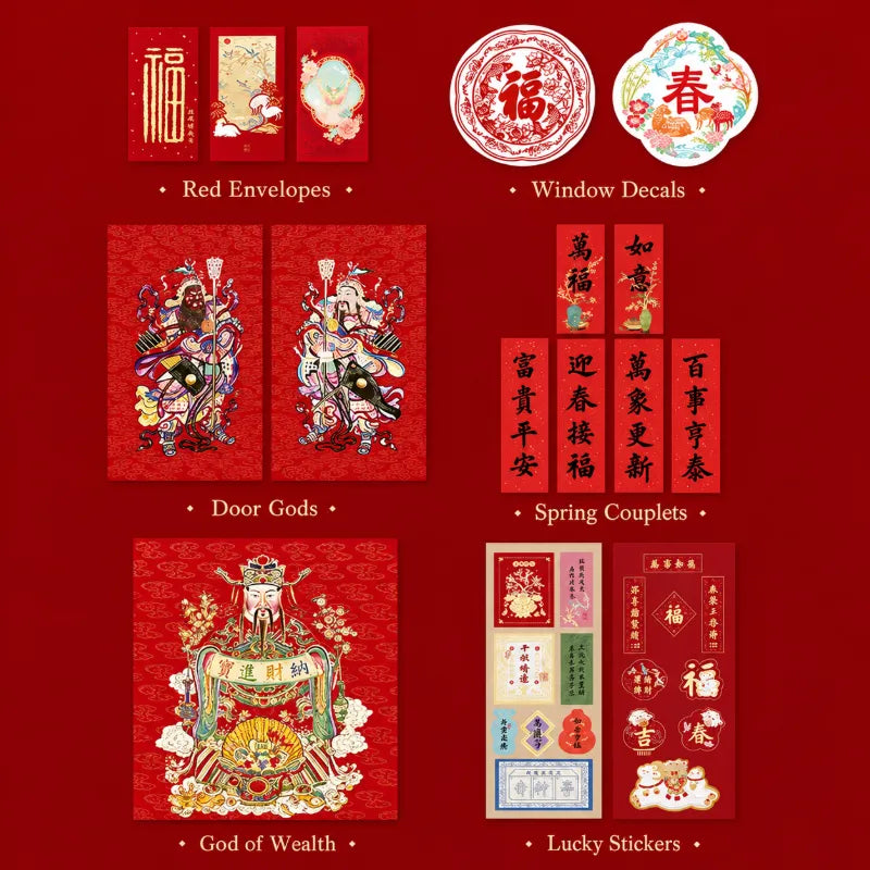 Chinese New Year gift set accessories including red envelopes, window decals, door gods, spring couplets, God of Wealth artwork and lucky stickers.