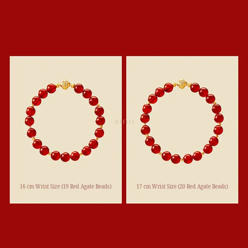 Red agate bead bracelet size guide showing 16 cm wrist size with 19 beads and 17 cm wrist size with 20 beads, helping you choose the right Chinese New Year bracelet.
