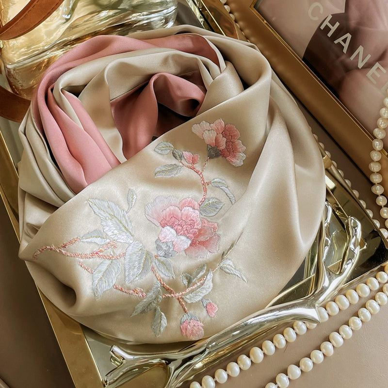Su Embroidery Flower Camellia Silk Scarf 155*35-Scarf-SinoCultural-Pink-HYFSJ023A01-SinoCultural