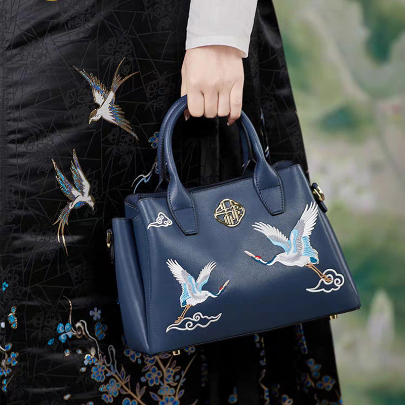 Embroidery Leather Tote Bag Traditional Crane-Tote Bag-SinoCultural-SinoCultural