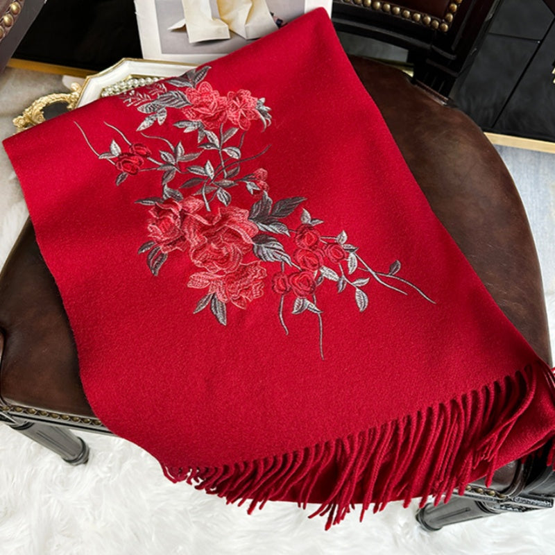 Embroidery Chinese Style Cashmere Shawl Scarf 200*60-Scarf-SinoCultural-Red-HYFSJ048A04-SinoCultural