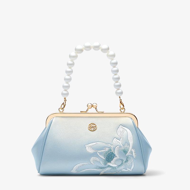 Embroidery Blue Lotus Pearl Chain Clutch Bag
