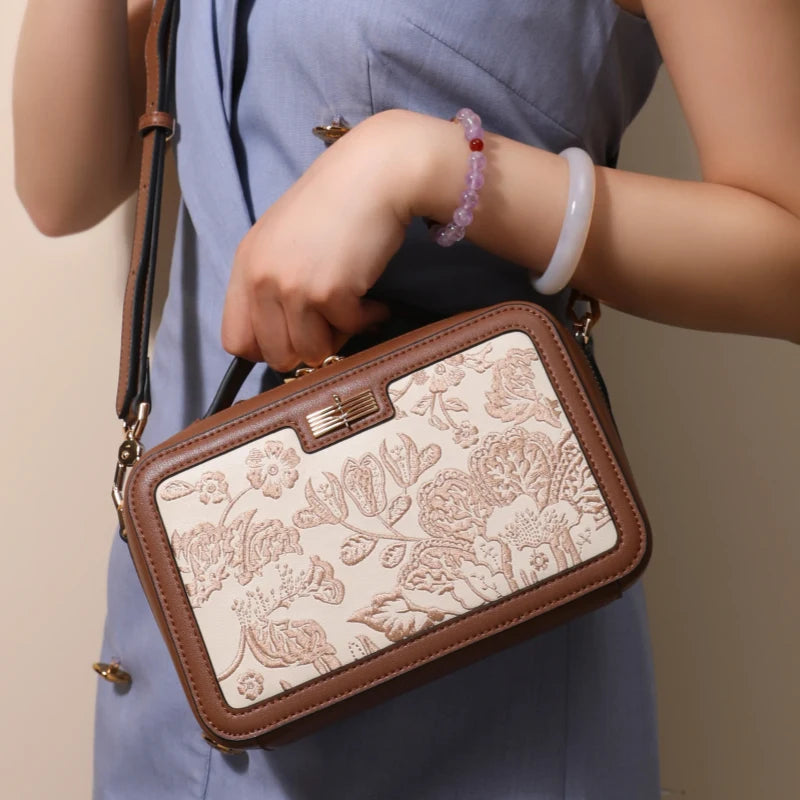 Embroidery Leather Peony Square Shoulder Bag-CXXB046R-SinoCultural