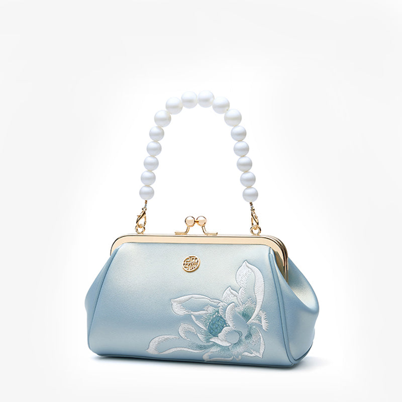 Embroidery Leather Chain Clutch Bag Lotus Pearl-Handbag-SinoCultural-SinoCultural