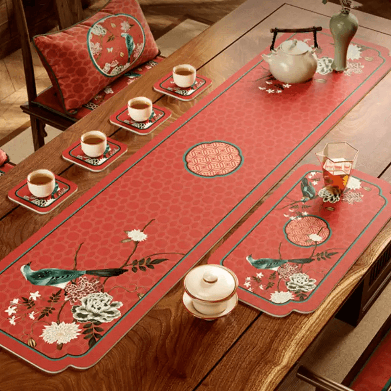 Chinoiserie Royal Red Festive Leather Tea Table Mat - SinoCultural -- TM039A15 - 