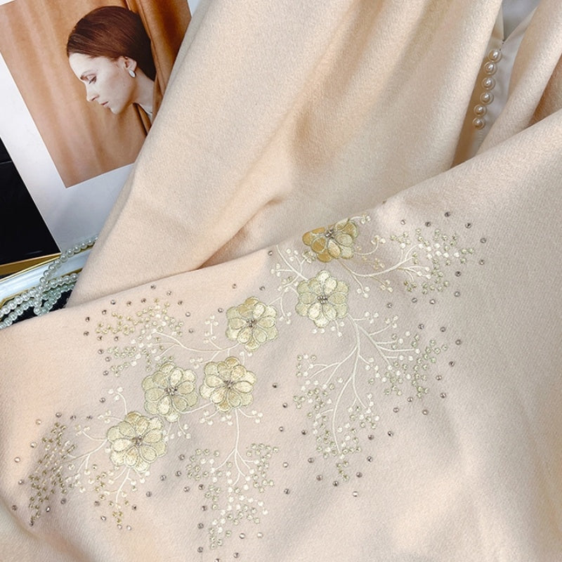 Embroidery Flower Warm Winter Cashmere Scarf 200*60-Scarf-SinoCultural-Khaki-HYFSJ038A03-SinoCultural