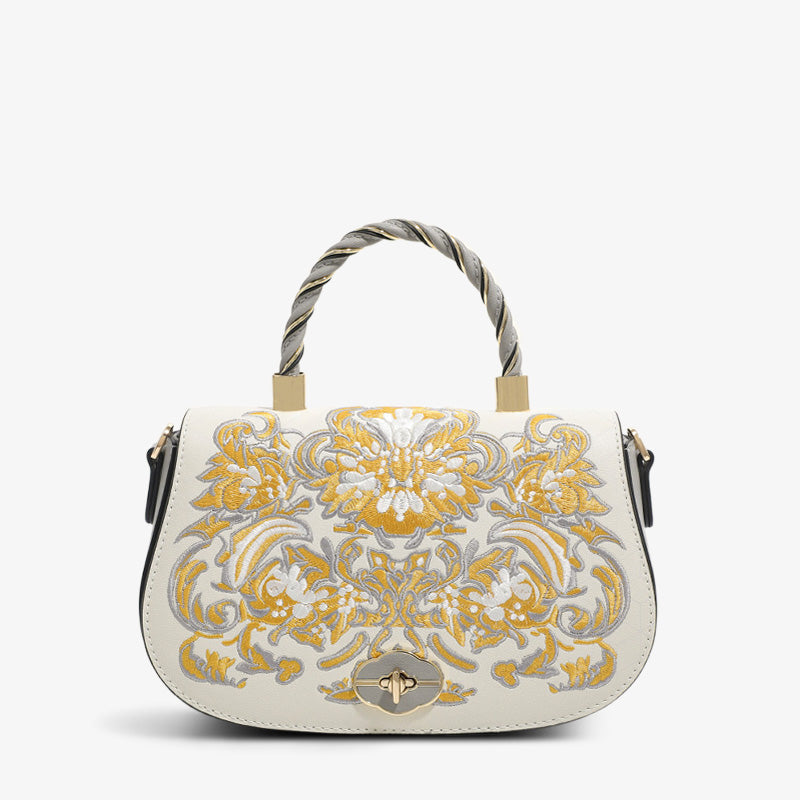 Embroidery Leather Satchel Handbag Phoenix Flower-Crossbody Bag-SinoCultural-Gold-Single Bag-CXXB009W-SinoCultural